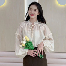 撤柜外贸品正2024秋冬木耳边立领系带灯笼长袖两件套衬衫女上衣
