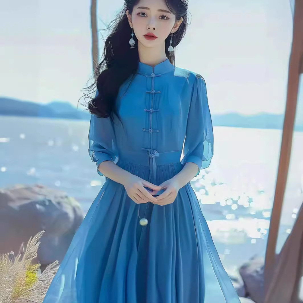 Đầm maxi nữ phong cách Trung Hoa nhẹ nhàng, sườn xám cách tân mùa hè, tay ngắn, thắt eo — Màu xanh lam