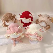 婴儿帽子秋冬新款甜美蝴蝶结护耳针织公主帽女宝宝保暖防风毛线帽