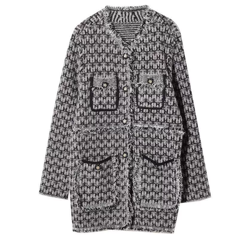 Длинная вязаная куртка, модный кардиган, стиль Chanel, средняя длина, плюс размер