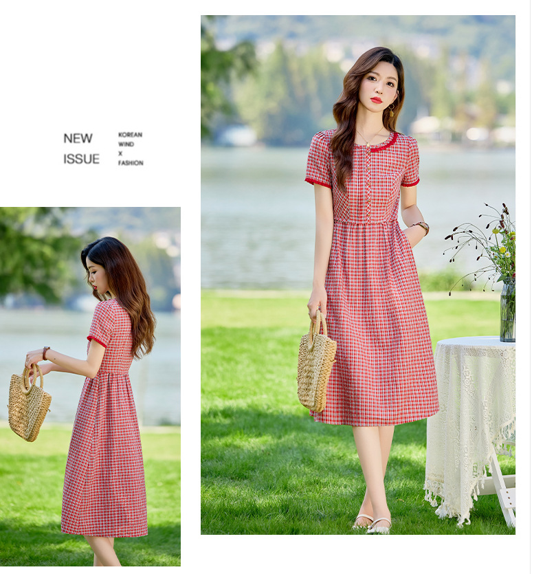 Đầm maxi nữ thắt eo cổ tròn họa tiết kẻ caro vintage — Màu ảnh chi tiết 12