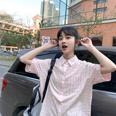 日系港风甜美粉色格子短袖衬衫男女夏季高级设计感小个子上衣外套