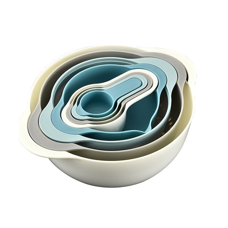 Cuenco de medición de arco iris para hornear Cuchara de medición multifuncional de 8 piezas Tamiz de arroz Combinación de traje de tazón de ensalada DIY