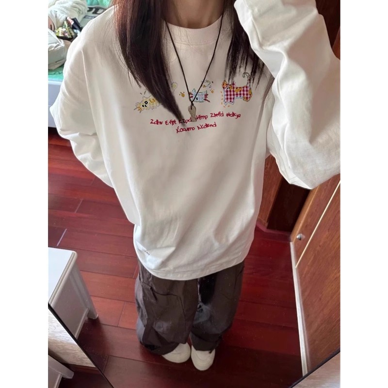 100%纯棉白色长袖t恤女新爆款设计感小众宽松慵懒风内搭打底衫潮|undefined