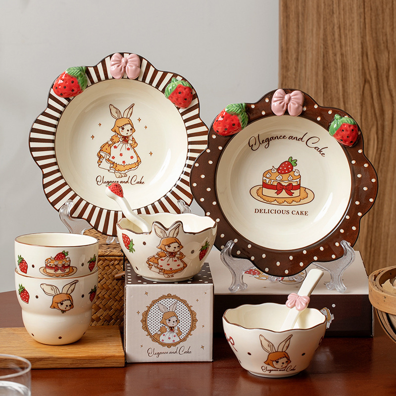 Rabbit Ceramic Dishes and Dish suit Household Underglaze Color Tableware suit High Color Value Rice Bowl Meal Bowl Soup Bowl Soup Plate