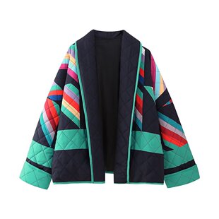 Cross-border women's clothing 2024 autumn and winter new European and American street fashion printed plus size loose stitching cotton-padded jacket coat