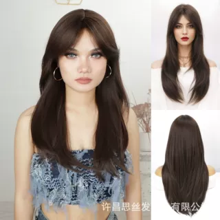 欧美假发女 中分八字刘海长直发多层次头套 化纤高温丝锁骨发wigs