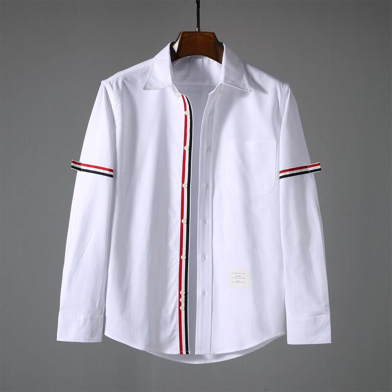In stock TB JL Oxford double sleeve placket red White Blue Ribbon men's long sleeve shirt pocket decorative white shirt