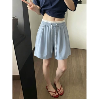 实拍！2026夏季新款松紧腰抽绳短裤显瘦阔腿裤纯色休闲裤女