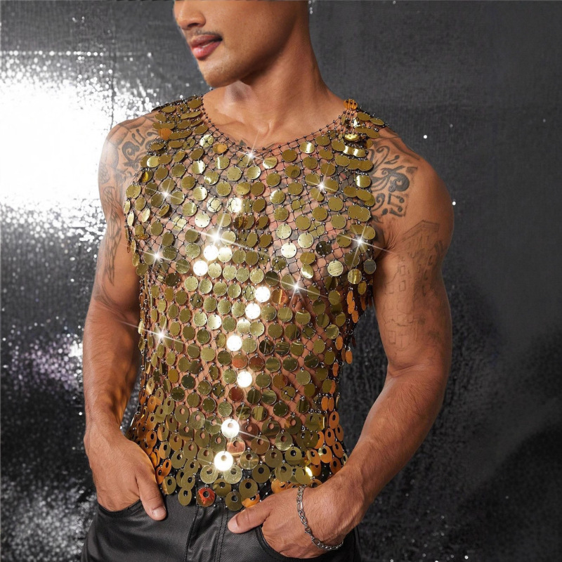 European and American Cross-Border Sexy Men's Hollow-Out Tank Top with Rhinestones, See-Through Nightclub Party Fishnet Sequin Top 25109
