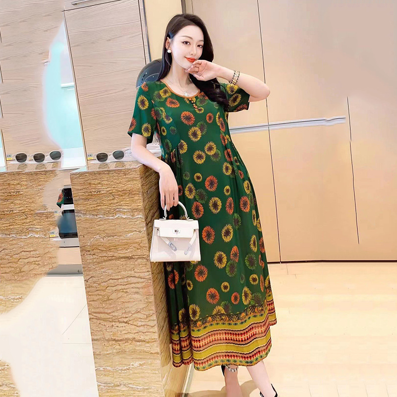 Heavy silk dress female 2021 summer new round collar ancient age-aged loose version comfortable printing