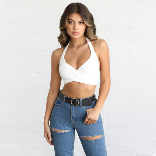Summer cross-border promotional women's halter tops, European and American style sexy backless crossover neckline slim-fit versatile sleeveless tops