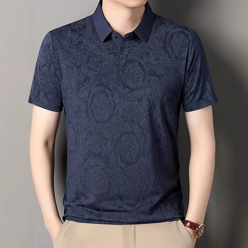 Cross-Border Men's Summer Printed Lapel Short-Sleeved T-Shirt Ice Silk High-Elastic Breathable Versatile High-End Middle-Aged Polo Shirt