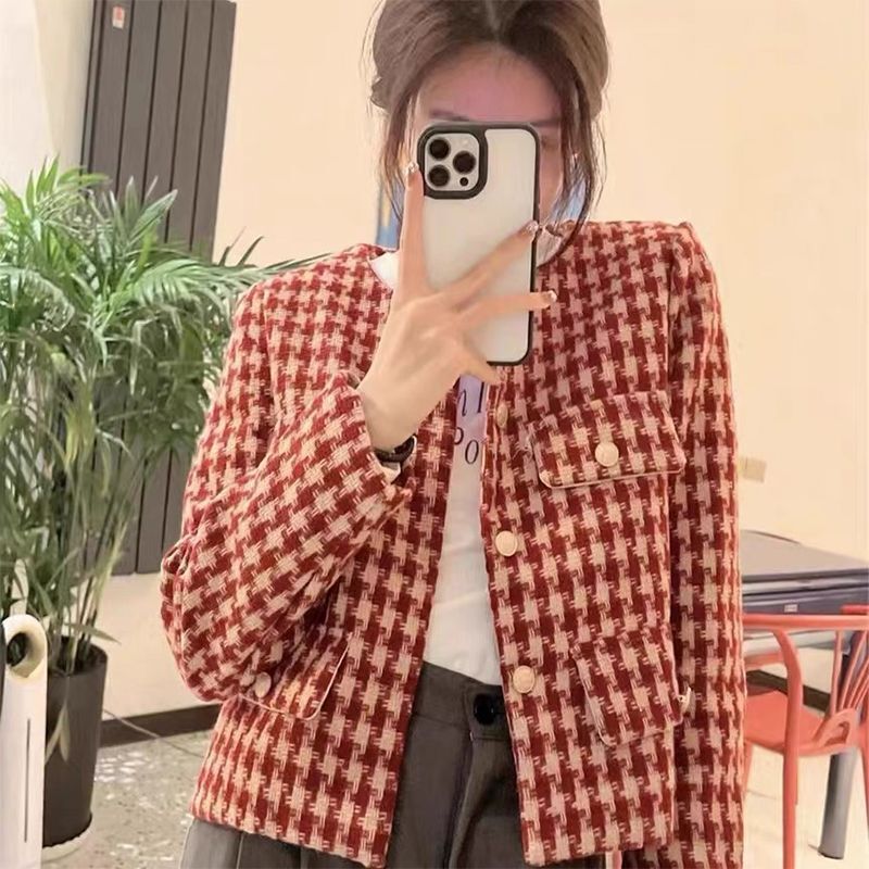 2025 New Autumn and Winter British Retro Suit Short Long Sleeve Top Women's Houndstooth Small Fragrance Style Short Tops