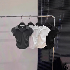 设计感收腰polo领正肩短袖女上衣夏季美式辣妹v领修身抽褶灰色t恤