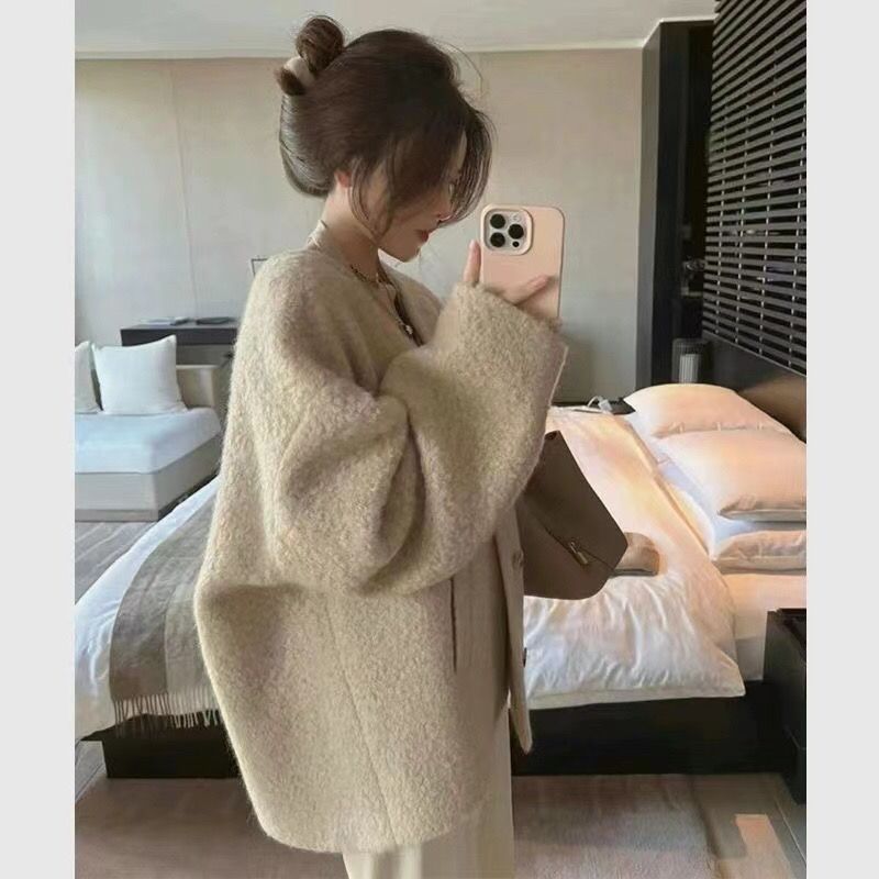 大码女装羊羔绒毛外套女秋冬季感外套加厚设计感小众上衣棕色|undefined