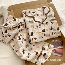纯棉磨毛长袖睡衣女春秋季新款ins卡通小猫咪套装家居服批发