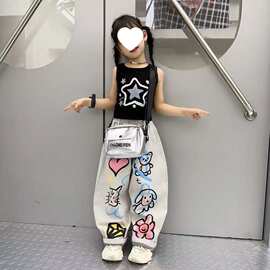 2026新款夏季涂鸦儿童牛仔裤女童阔腿裤外穿宽松韩系小童背心套装