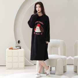秋冬新款半边绒女长袖睡裙加厚保暖休闲女家居服图片色弹力丝麻棉