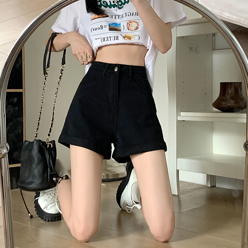 Black Rolled Hem Denim Shorts for Women, 2026 Summer New Style, High-Waisted, Loose, Slimming, Hot Girl A-Line Wide-Leg Hot Pants