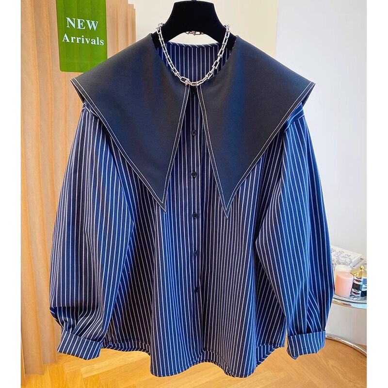 Plus-Size Long-Sleeve Shirt for Women, Autumn Loose Striped Shirt with Large Turn-Down Collar and Sailor Collar Top Plus-Size Long-Sleeve Shirt for Women, Autumn Loose Striped Shirt with Large Turn-Down Collar and Sailor Collar Top