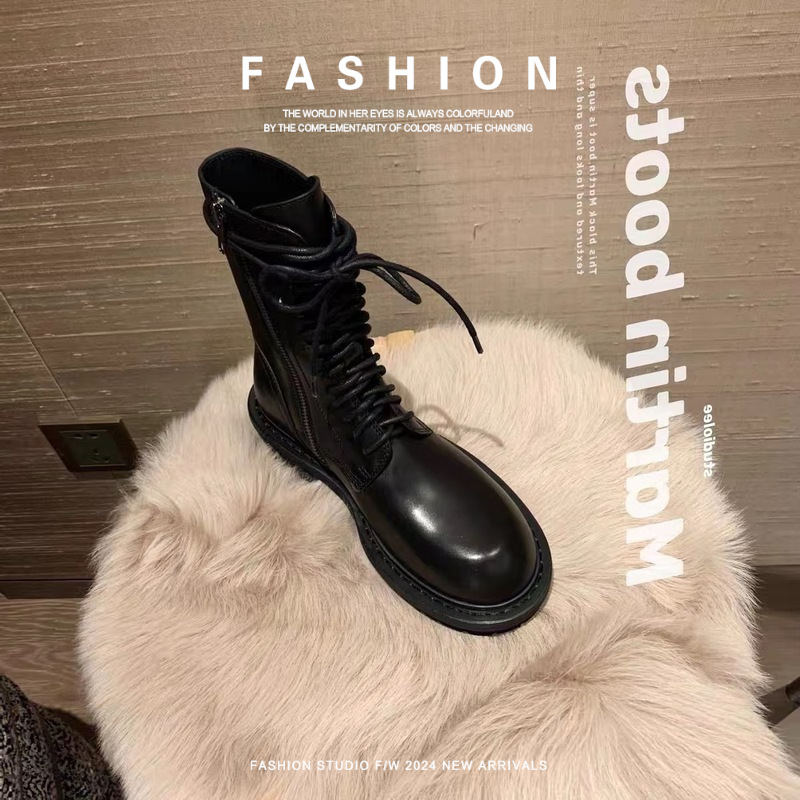 First-Layer Cowhide Genuine Leather Martin Boots for Women, Spring and Autumn, Soft Surface, Cool Side Zipper, Round Toe, Long Tube with Holes