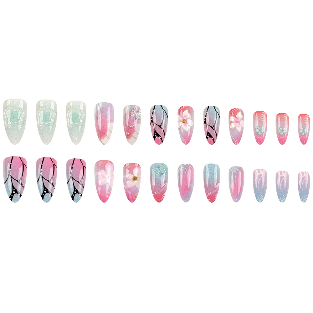 Diamantes transfronterizos nueva armadura portátil 3D en relieve tridimensional flor mariposa uñas postizas 24 piezas manicura al por mayor
