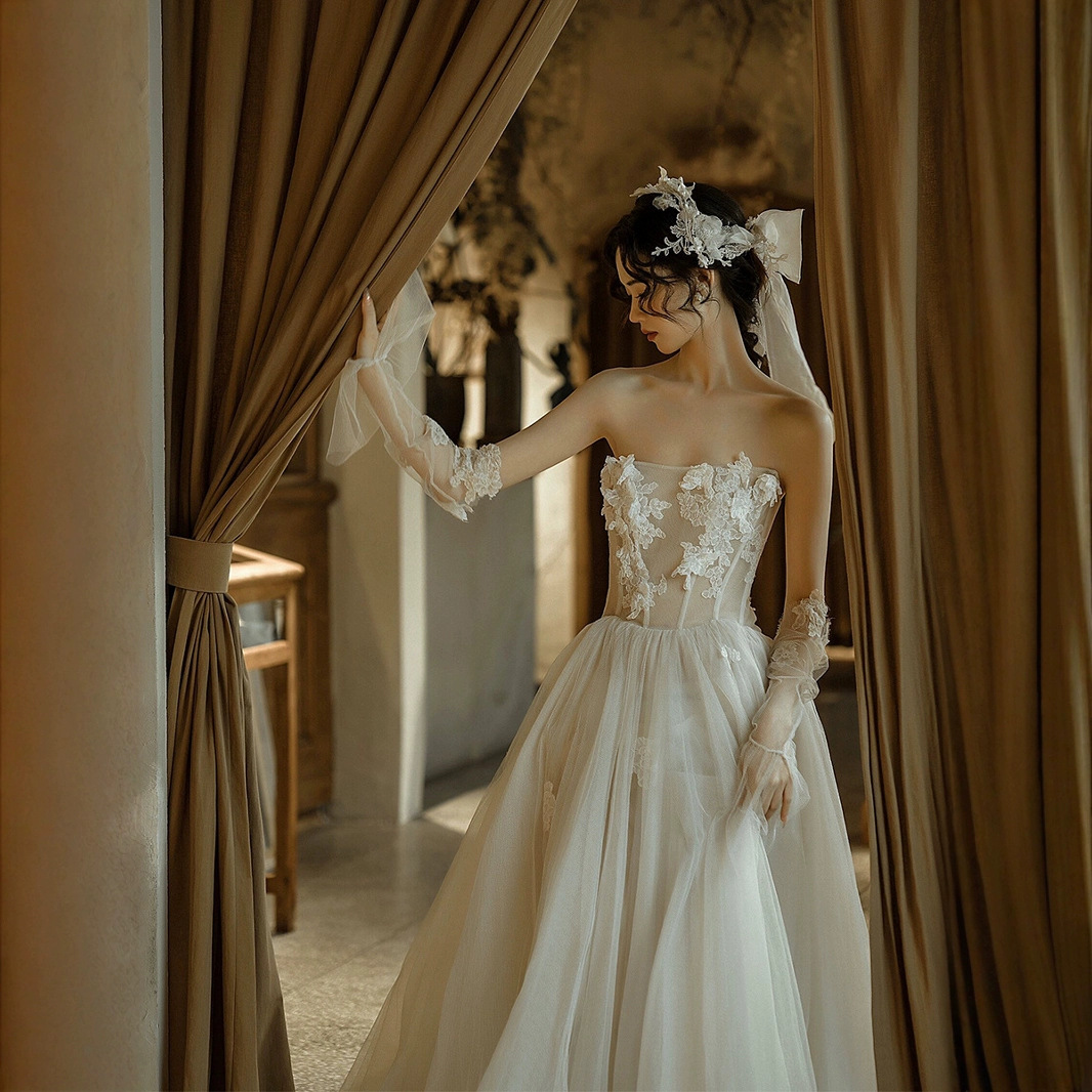 Comercio exterior brindis de pecho ligero vestido de novia arroz blanco de hadas encaje vestido de baile vestido de boda vestido de brindis vestido