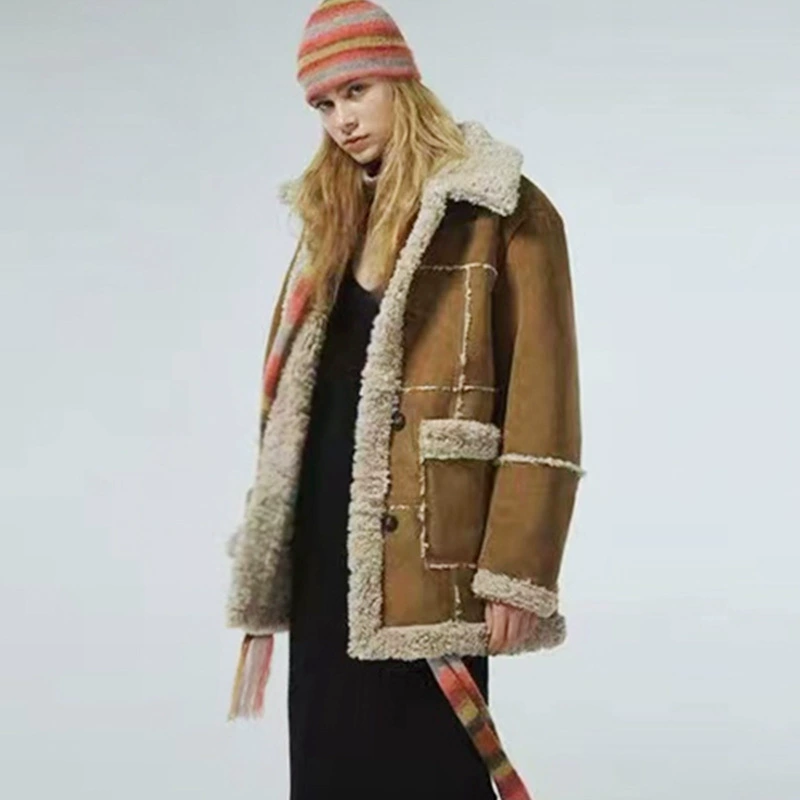 Осень-зима 2022, новое пальто из овечьей шерсти, Женский Теплый Универсальный Модный женский топ с короткими лацканами и длинными рукавами с отстрочкой
