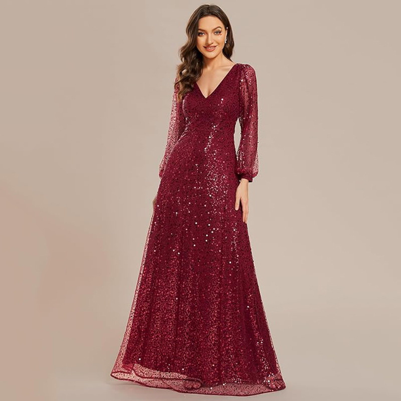 Women's sequined A- line V-neck beaded dress long transparent sleeve cocktail party evening dress