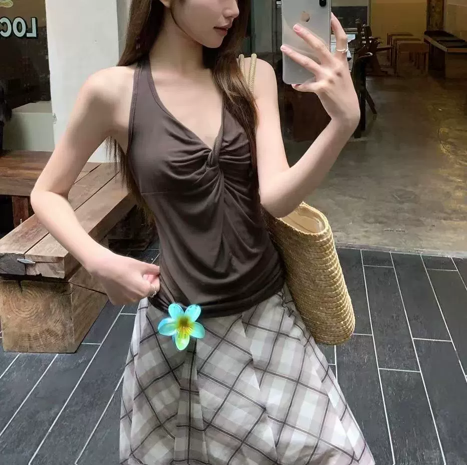 Камзол дизайн без рукавов топ женский летний сладкий сексуальный ремень с клетчатой юбкой с высокой талией