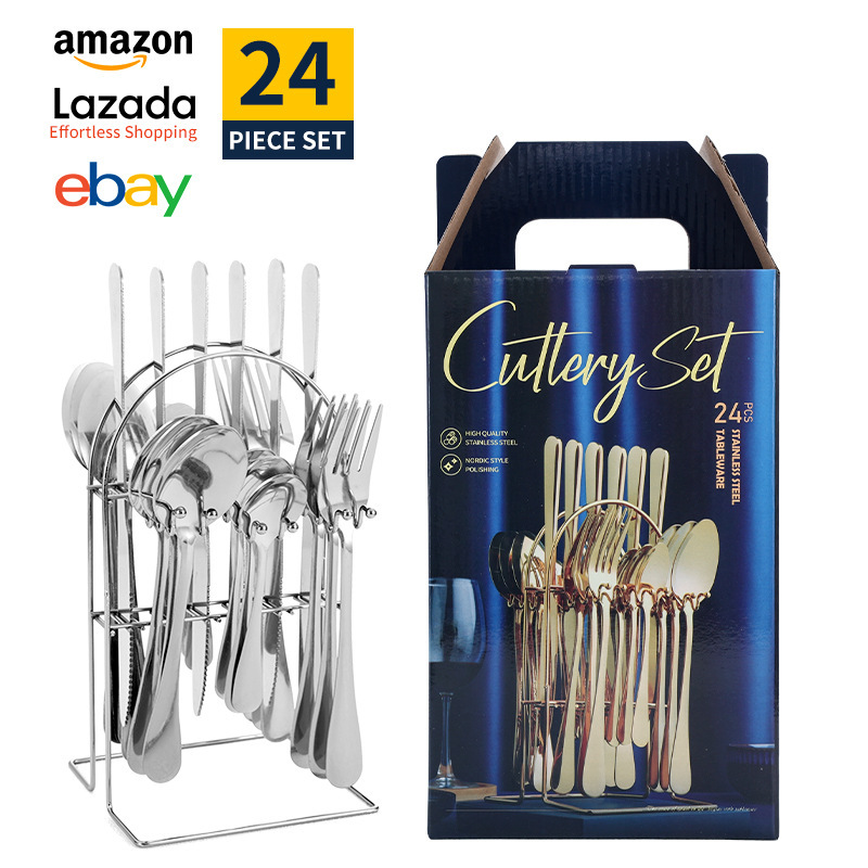 Conjunto de cubiertos de acero inoxidable transfronterizo de 24 piezas cuchillo de filete cuchara de cubiertos occidentales caja de regalo estado de ánimo cuchillo de huevo exportación