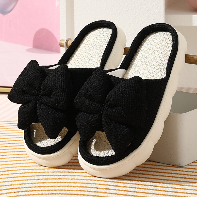 Cross-Border In-Stock Bowknot Hemp Slippers for All Seasons, Women's Home Non-Slip Daily Breathable Comfortable Indoor Thick-Soled Slippers for Men
