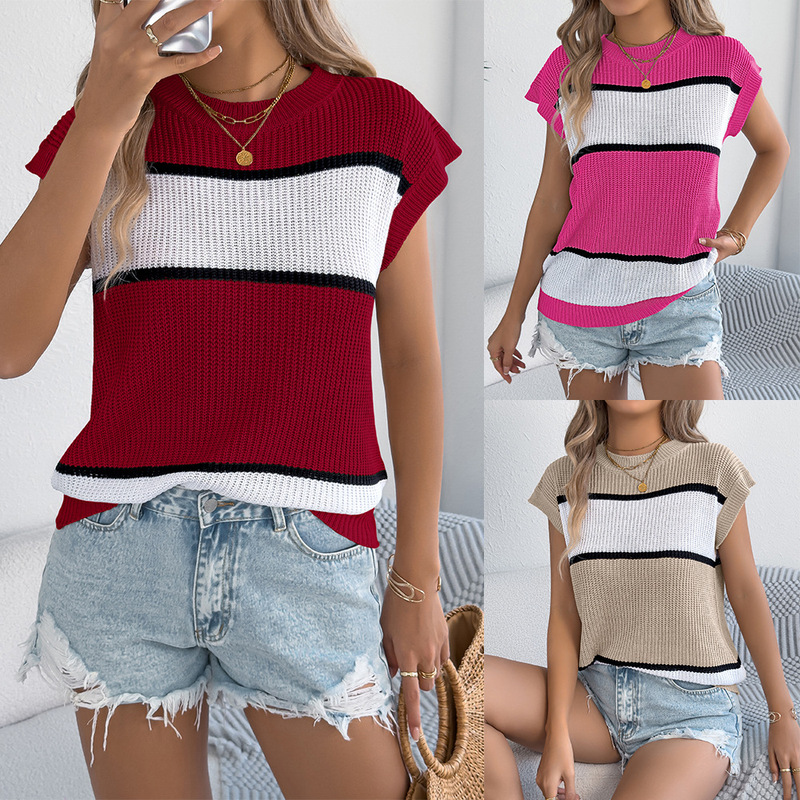 Real Shot of 2026 Spring/Summer Color-Block Striped Casual Loose Knit Vacation Top Amazon Cross-Border Women's Clothing Real Shot of 2026 Spring/Summer Color-Block Striped Casual Loose Knit Vacation Top Amazon Cross-Border Women's Clothing