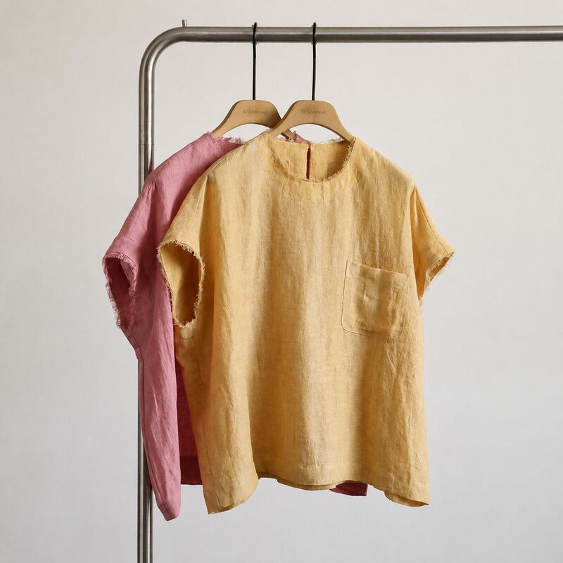 In-Stock Natural 100% Linen Round Neck Raw Edge Drop Shoulder Rustic Pocket Vest T-Shirt
