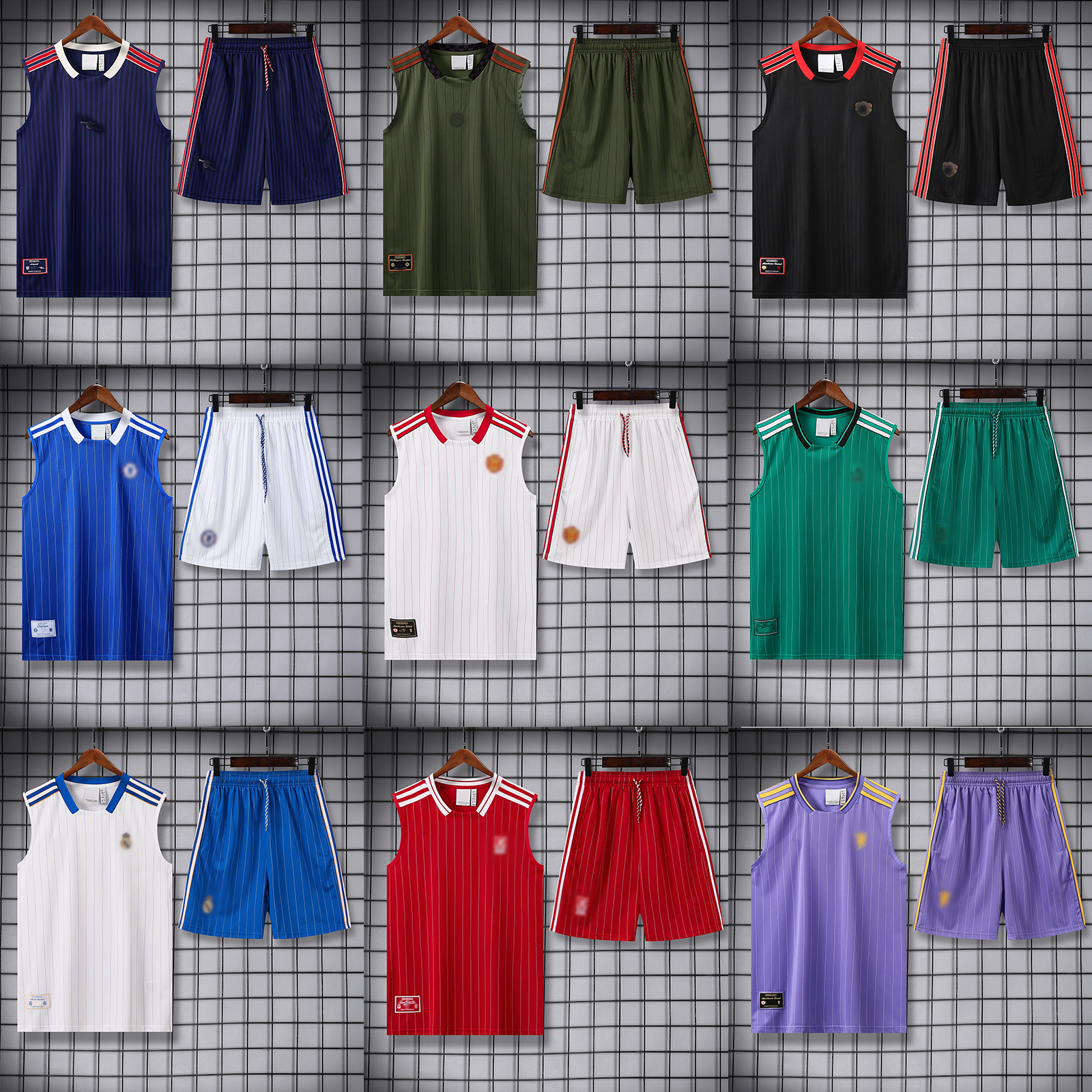 Erkaklar va ayollar uchun 26 ta retro chiziqli yengsiz futbol formasi, yozgi o'yin uchun mashq kostyumi, kalta yengli yelek to'plami
