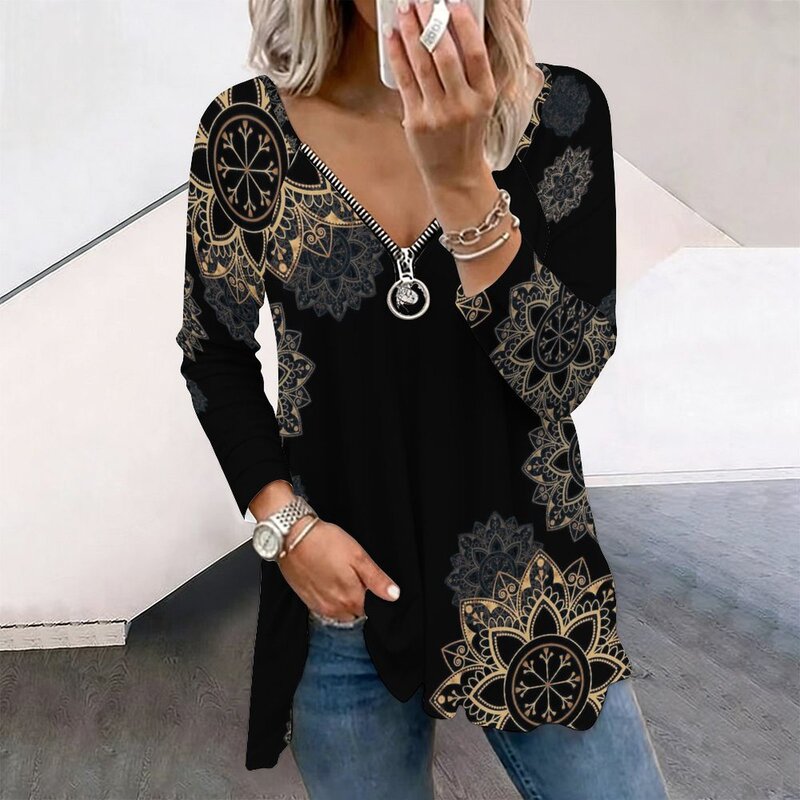 2026 New European and American Style V-Neck Printed Long-Sleeved T-Shirt for Women, Loose-Fitting Gold Mandala Pattern Casual Top