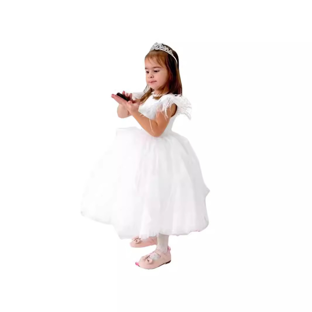 Abito da principessa per bambine Mother & Kids con maniche in tulle effetto piuma, costume da spettacolo, abito formale per bambina, abito da damigella d'onore._voghion.com