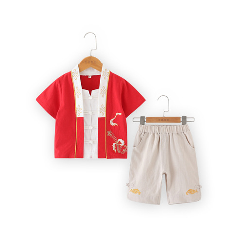 Children's Tang suit summer short-sleeved Tang suit for boys, cotton and linen Hanfu top, five-point pants, retro Confucianism kindergarten clothing