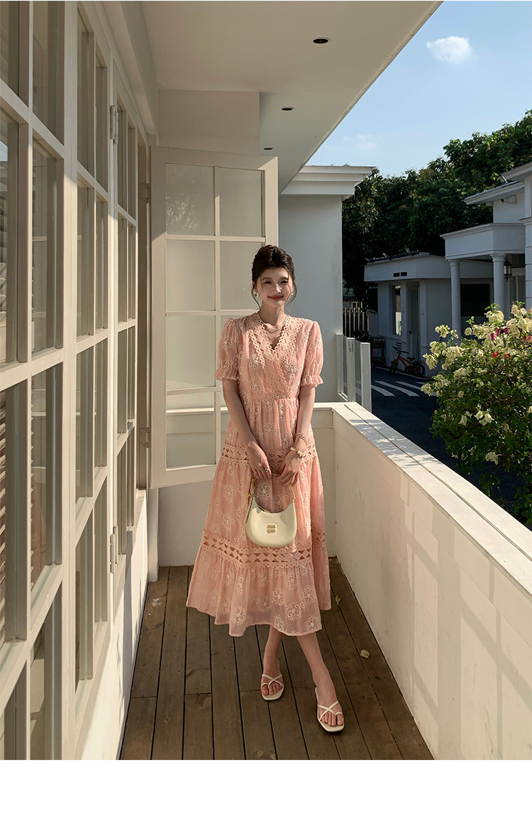 Đầm maxi nữ tay bồng ren hoa V cut-out phong cách Pháp cung đình — xanh lam, màu hồng, màu mơ chi tiết 48