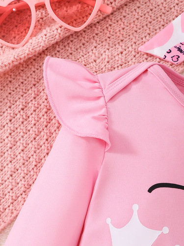 Baby Spring and Autumn Western Style Long-Sleeve English Printed Pants with Heart Printed Bow Decoration Girls' Comfort Set