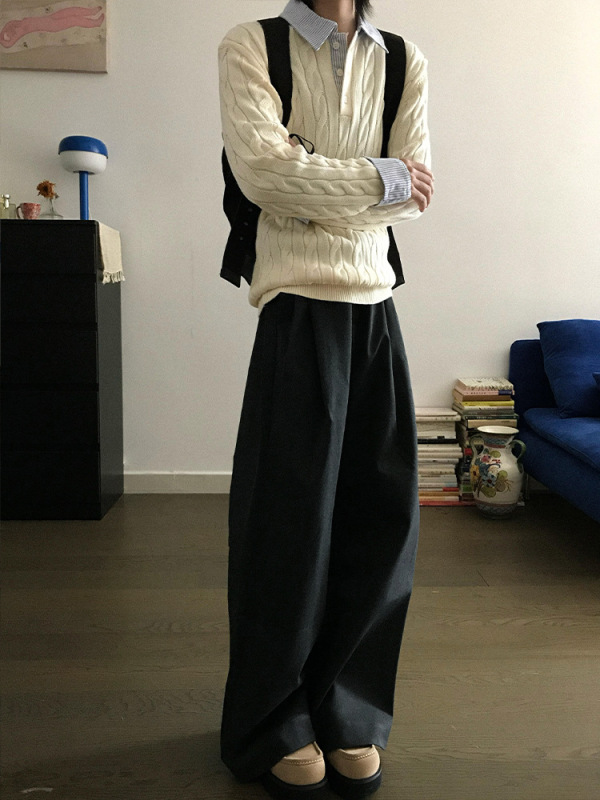 绞花假两件拼接条纹亨利领毛衣男款秋季慵懒高级感cleanfit针织衫|undefined