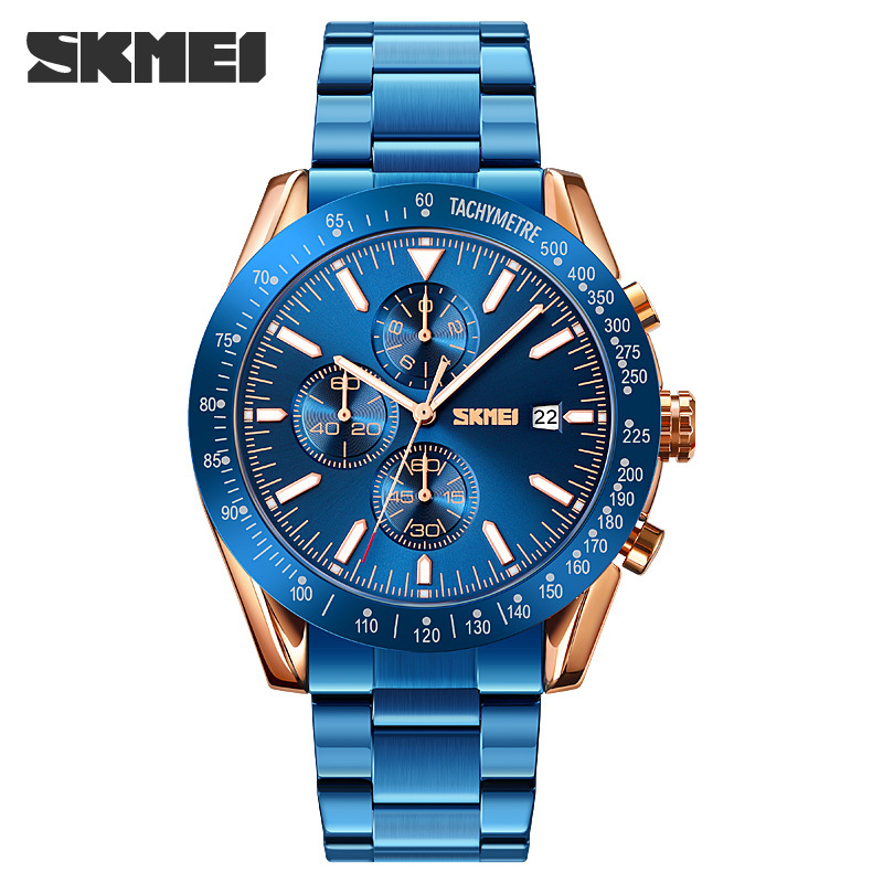 SKMEI 9253 nueva cinta de acero de seis pines calendario luminoso movimiento de cuarzo cronómetro reloj cronógrafo
