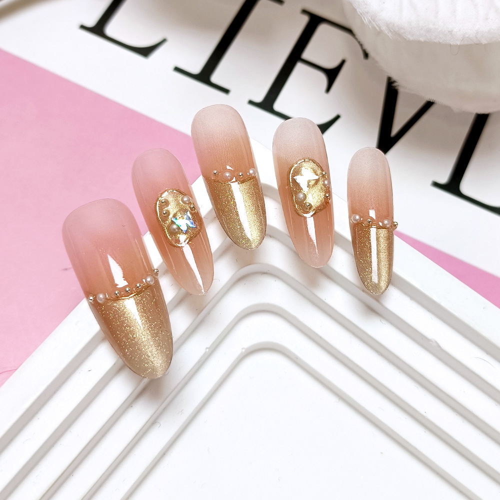 Champán dorado largo ovalado uñas uñas líneas doradas ojos de gato pegatinas de uñas 10 piezas de uñas hechas a mano image 5
