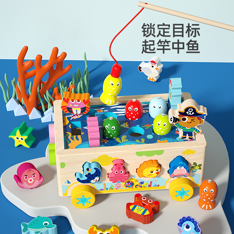 Juguete de pesca magnética de madera con animales marinos para niños
