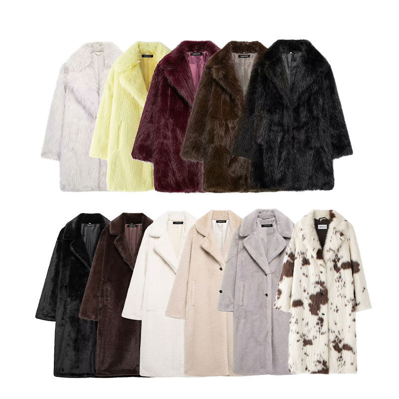 2025春欧美跨境女装人造皮草效果中长款宽松保暖气质大衣外套批发