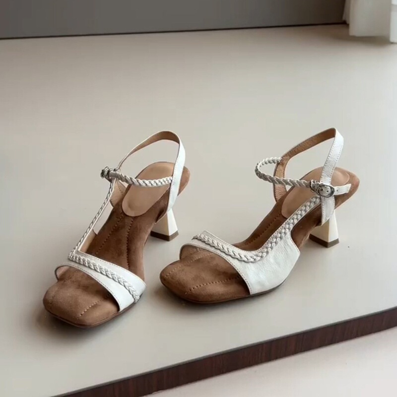 Sheepskin version! Gorgeous summer sandals with a French elegant style, square toe, open toe, woven strap, chunky high heel Sheepskin version! Gorgeous summer sandals with a French elegant style, square toe, open toe, woven strap, chunky high heel