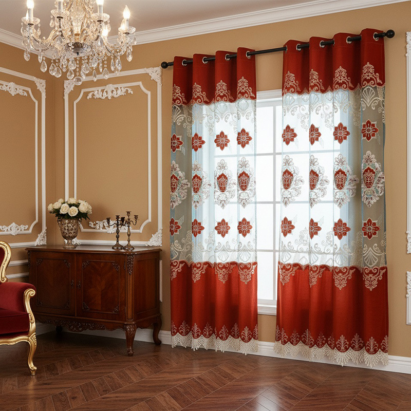 Vintage European Sheer Curtains Gold Thread Embroidered Drapes_voghion.com
