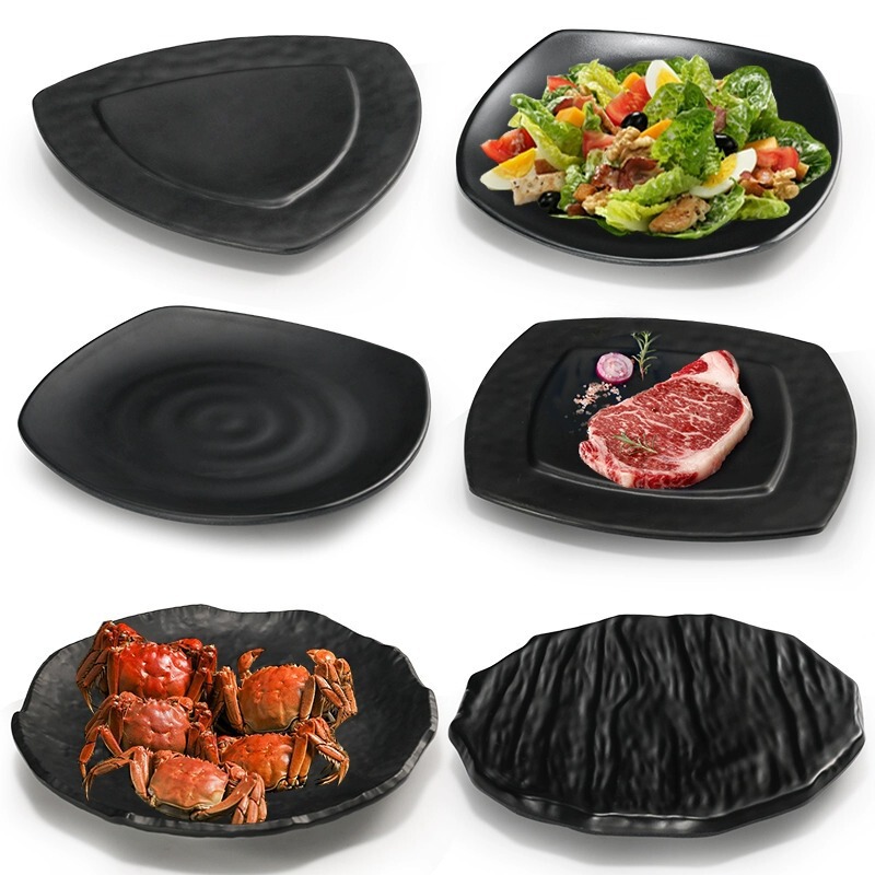 Black Matte Melamine Tableware for Hot Pot Restaurants, Barbecue Cold Dishes, Side Dishes, Barbecue Plates, Commercial Imitation Porcelain Dinner Plates