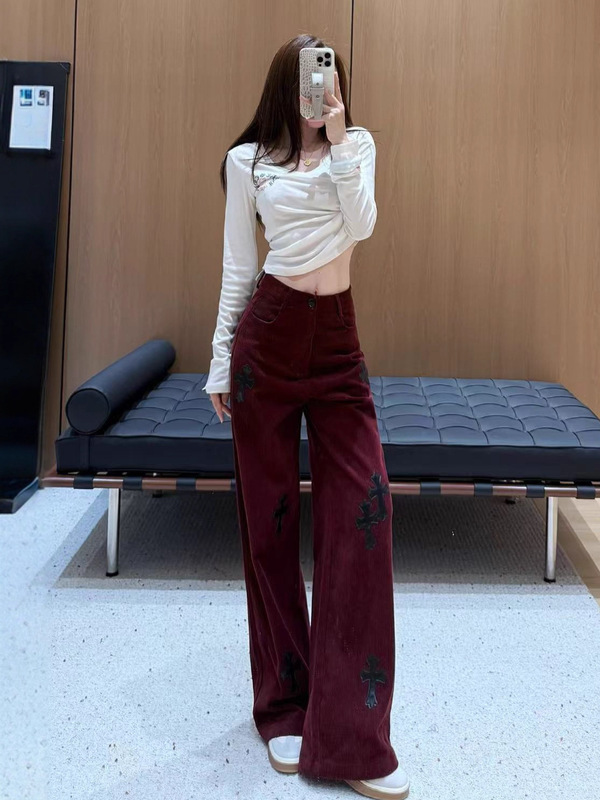 潮流新款灯芯绒纯棉休闲裤刺绣logo高腰显瘦阔腿裤南油女秋直筒裤|undefined